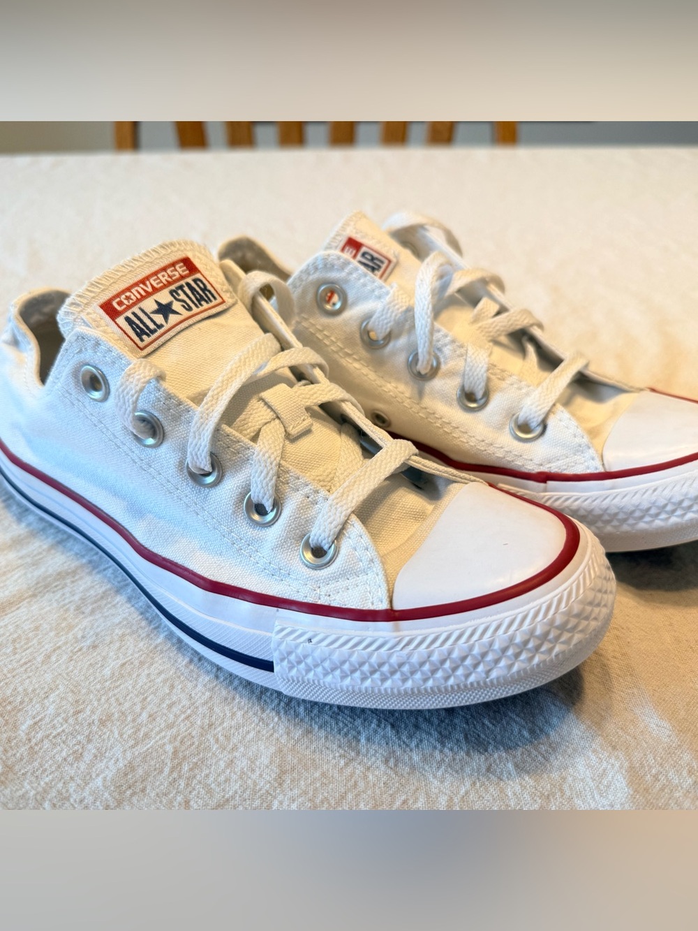Converse White Low Top Sneakers with Red & Navy Trim